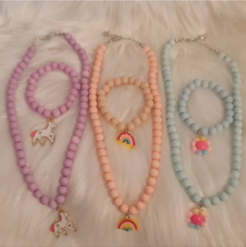 Kids Jewelry 2pcs/set Flower Charm Sky Blue Beaded Necklace & Bracelet
